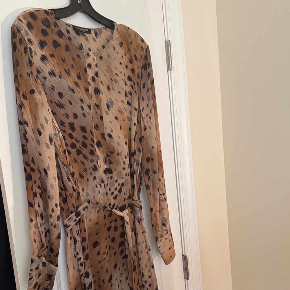 Lafayette 148 New York Tan and Black Animal Print Long Sleeve Dress